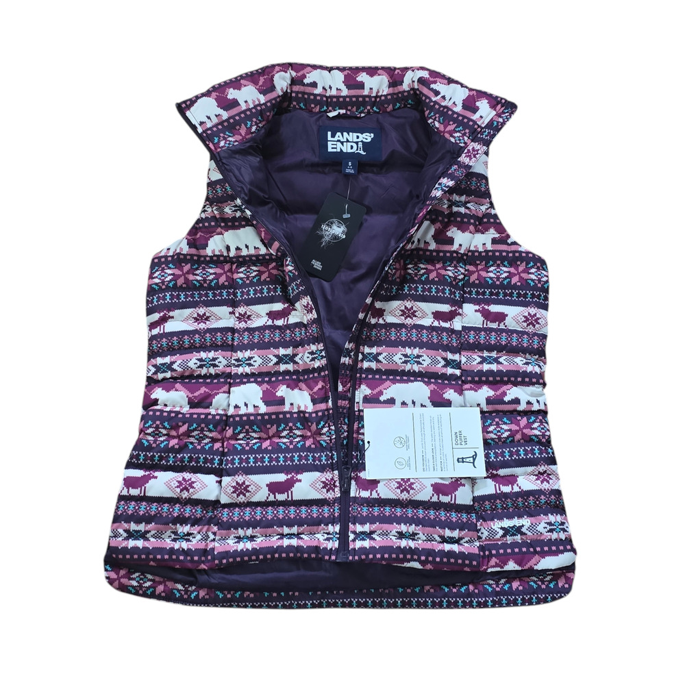 NWT, Lands End Women's 600 Down Puffer Vest Purple Moose Bear, Size Small - Picture 5 of 6